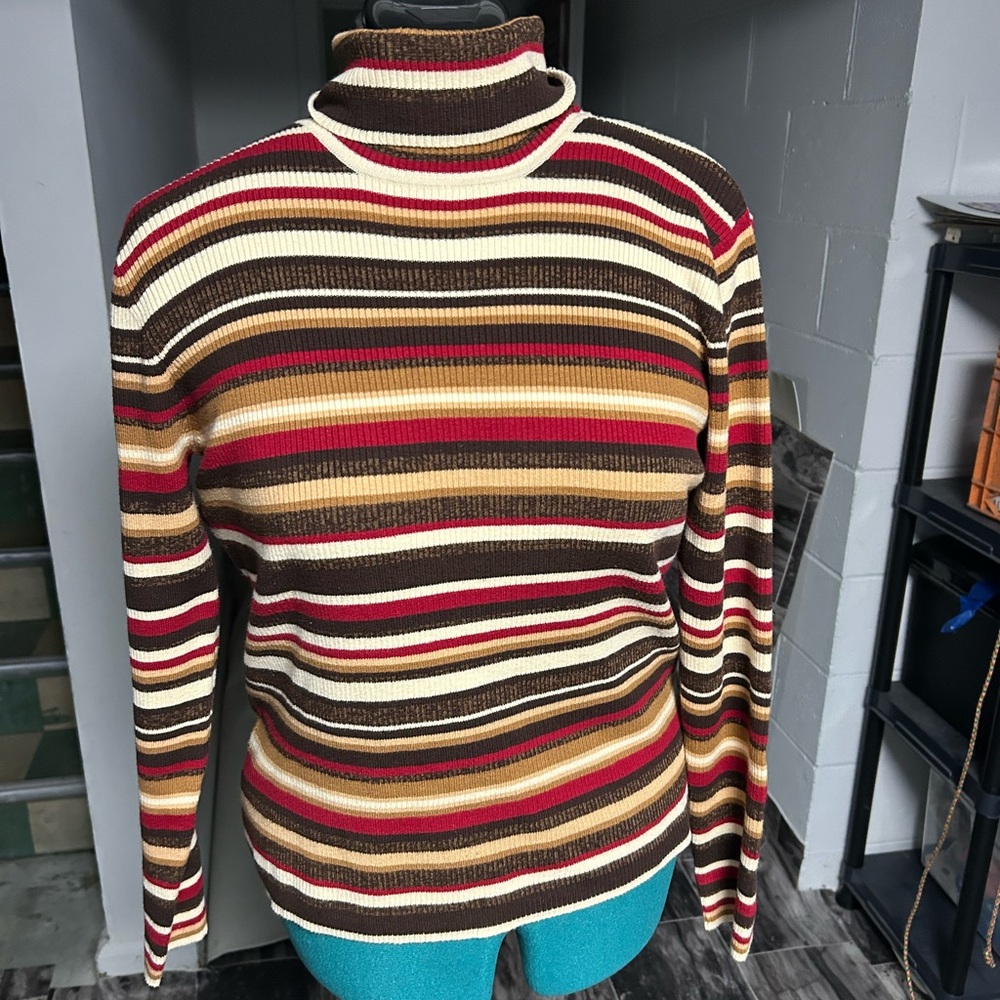 Worthington Women’s Turtleneck Sweater Striped Brown Size Large EUC